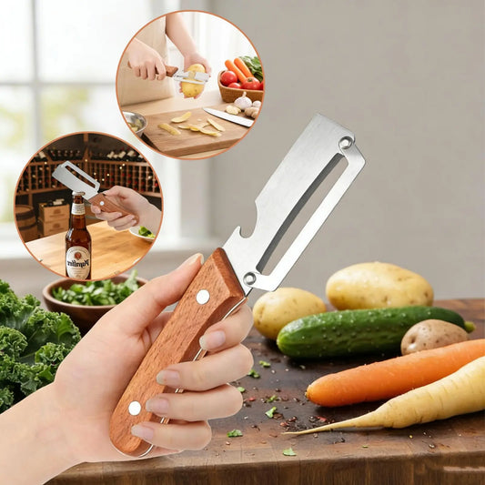 Premium Fruit and Vegetable Peeler with Sharp Stainless Steel Blade, Ergonomic Wooden Handle, and Integrated Bottle Opener – Perfect for Everyday Kitchen Use