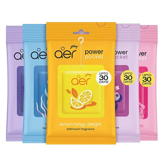 Godrej Aer Power Pocket Hanging Air Freshener, Assorted Pack of 5, Scented Variety [Lemon, Rose, Fresh, Berry, Lavender]