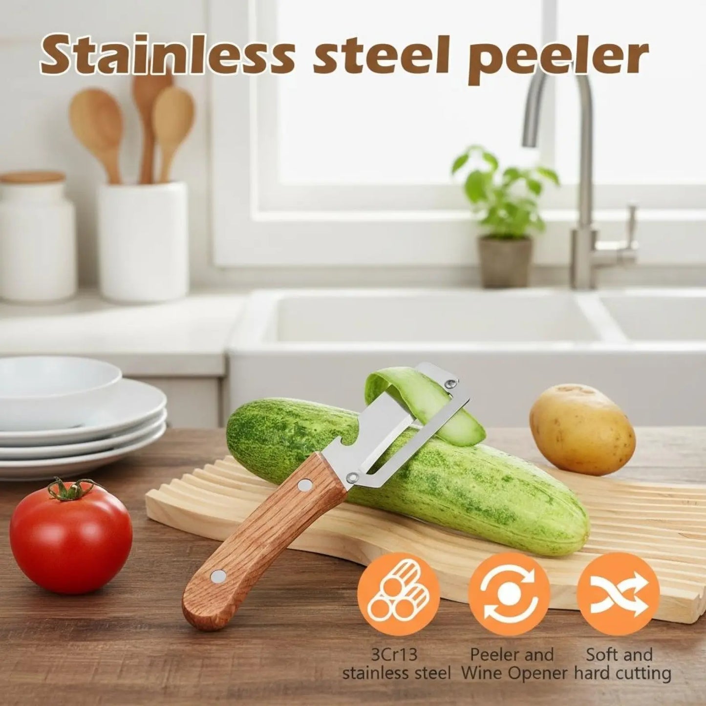 Premium Fruit and Vegetable Peeler with Sharp Stainless Steel Blade, Ergonomic Wooden Handle, and Integrated Bottle Opener – Perfect for Everyday Kitchen Use