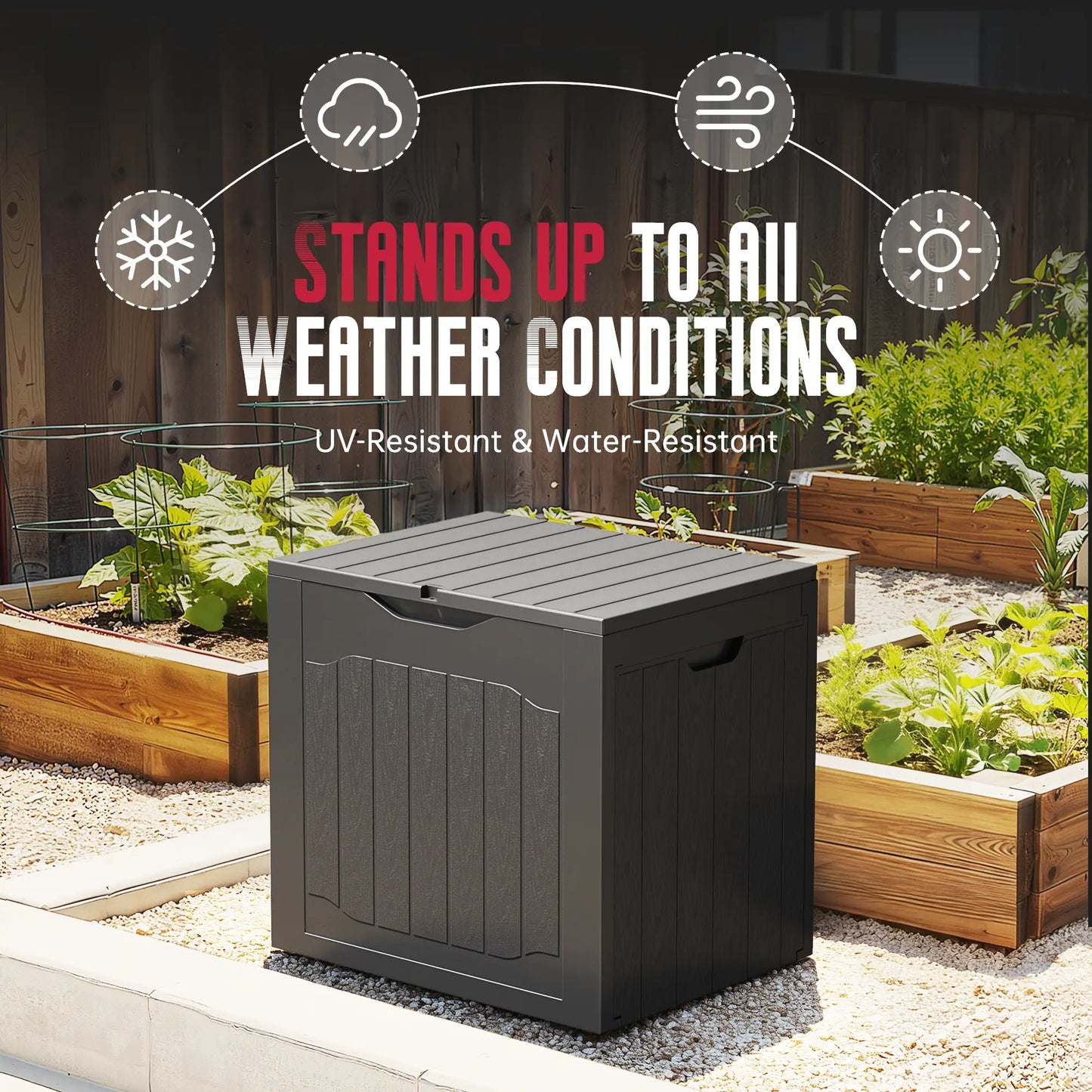INTERGREAT 35 Gallon Outdoor Storage Box with Handles - Lockable Resin Patio Deck Container in Black and Brown