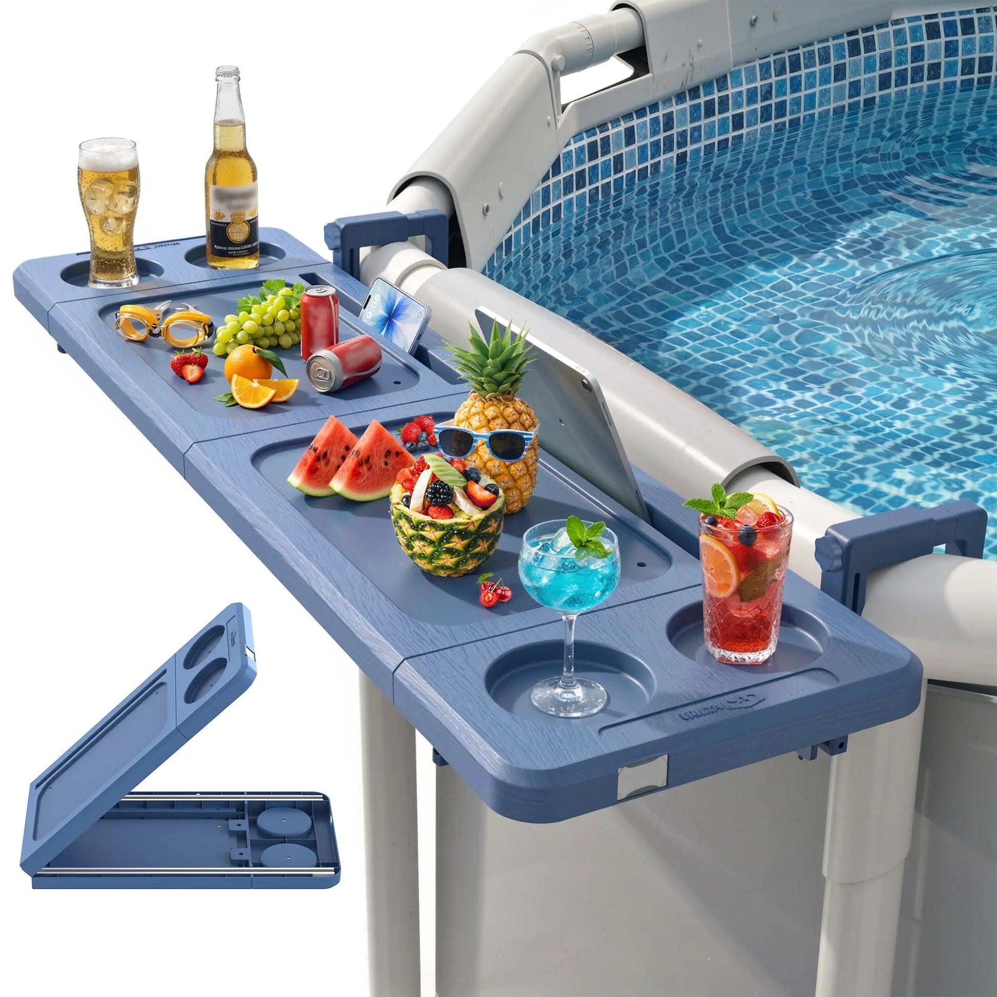 Professional Poolside Bar with Ice Bucket - Adjustable Support Bracket for Above-Ground Pools, Swim-Up Bars up to 110 lbs, Smart Folding Design, and Weather-Resistant Stable Tabletop
