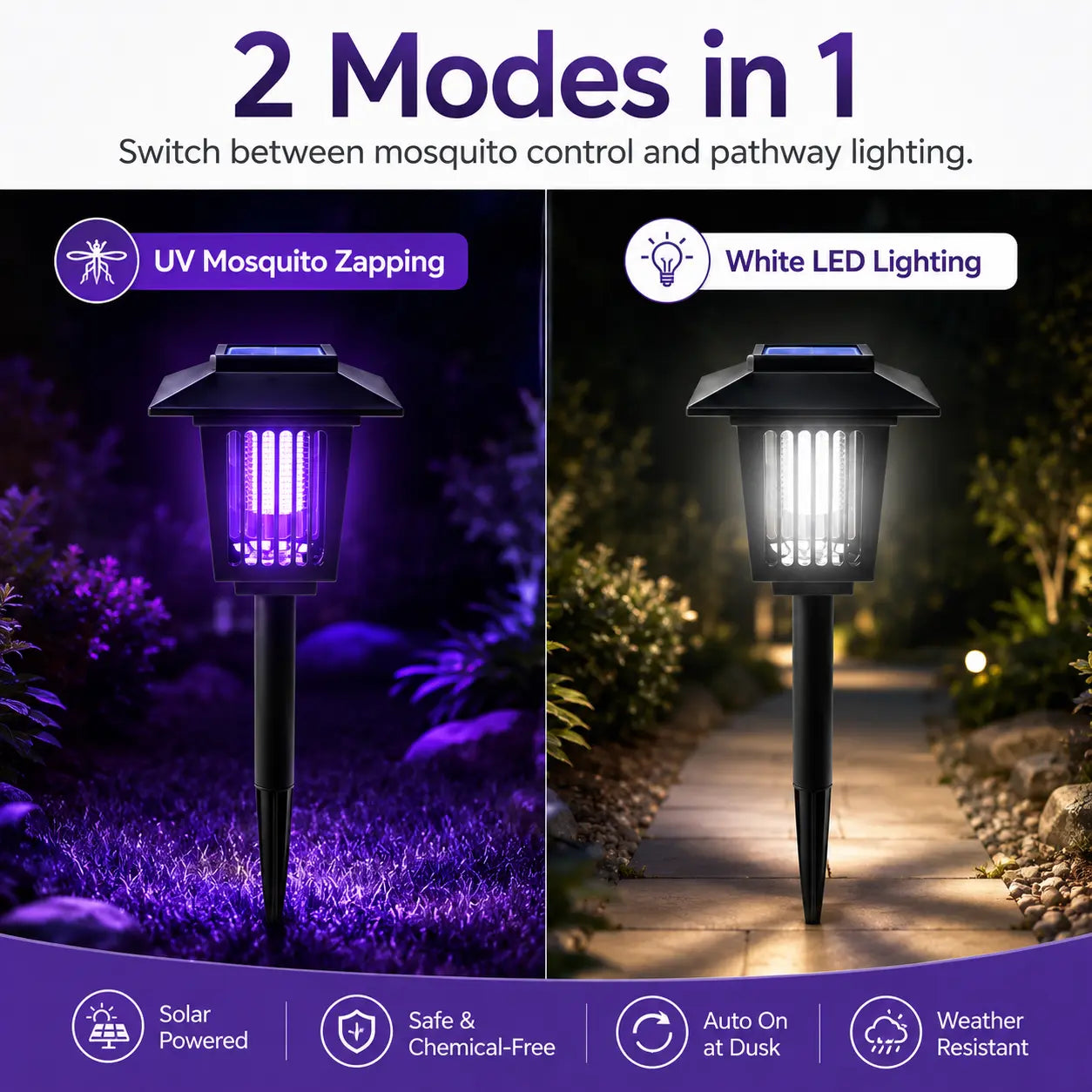 Solar-Powered Mosquito Zapper Light – Outdoor Garden Stake Lamp with UV Insect Control, Dual-Mode Functionality (Mosquito Repellent & Pathway Illumination), Weather-Resistant Design, Easy Installation, Available in Small & Large Round and Square Options