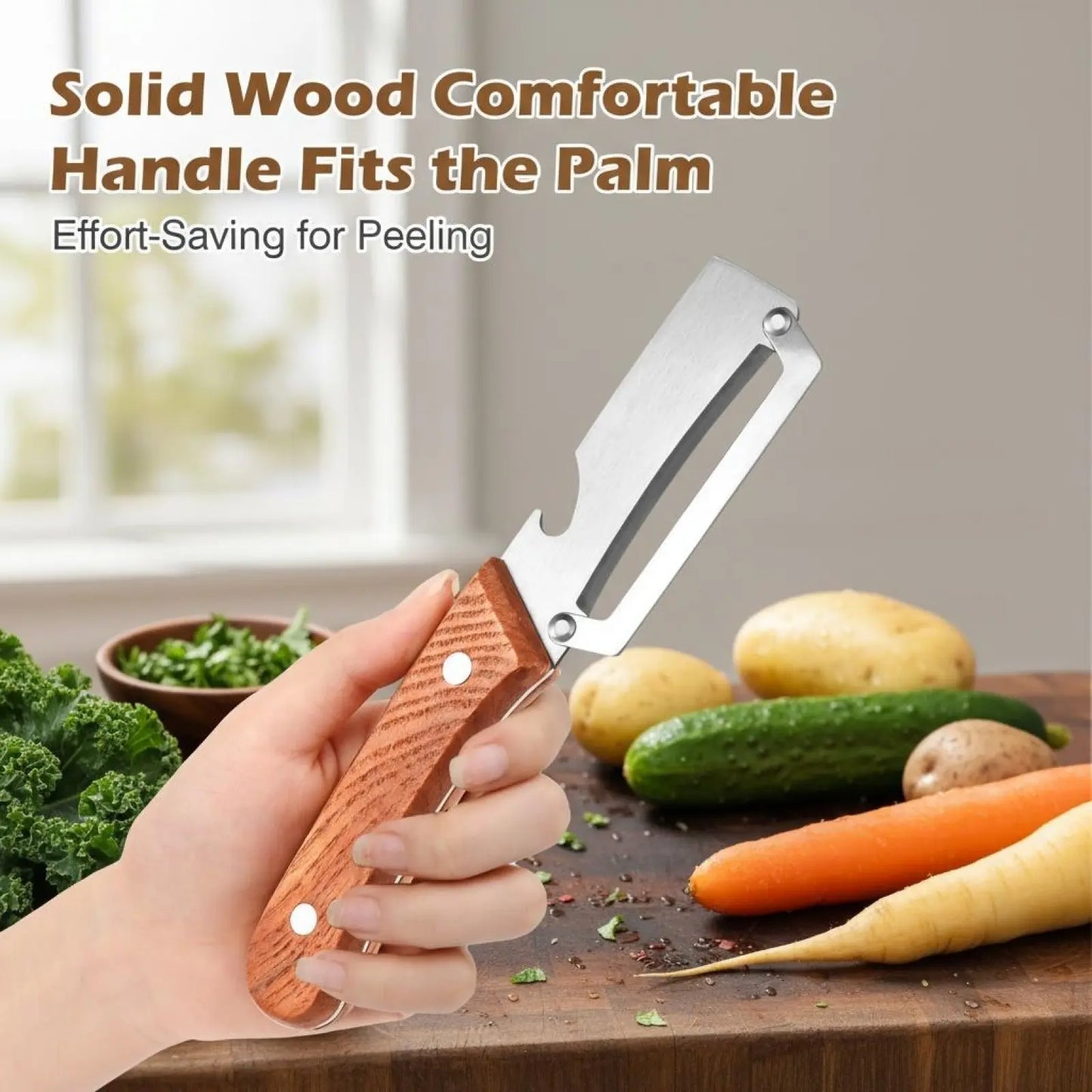 Premium Fruit and Vegetable Peeler with Sharp Stainless Steel Blade, Ergonomic Wooden Handle, and Integrated Bottle Opener – Perfect for Everyday Kitchen Use