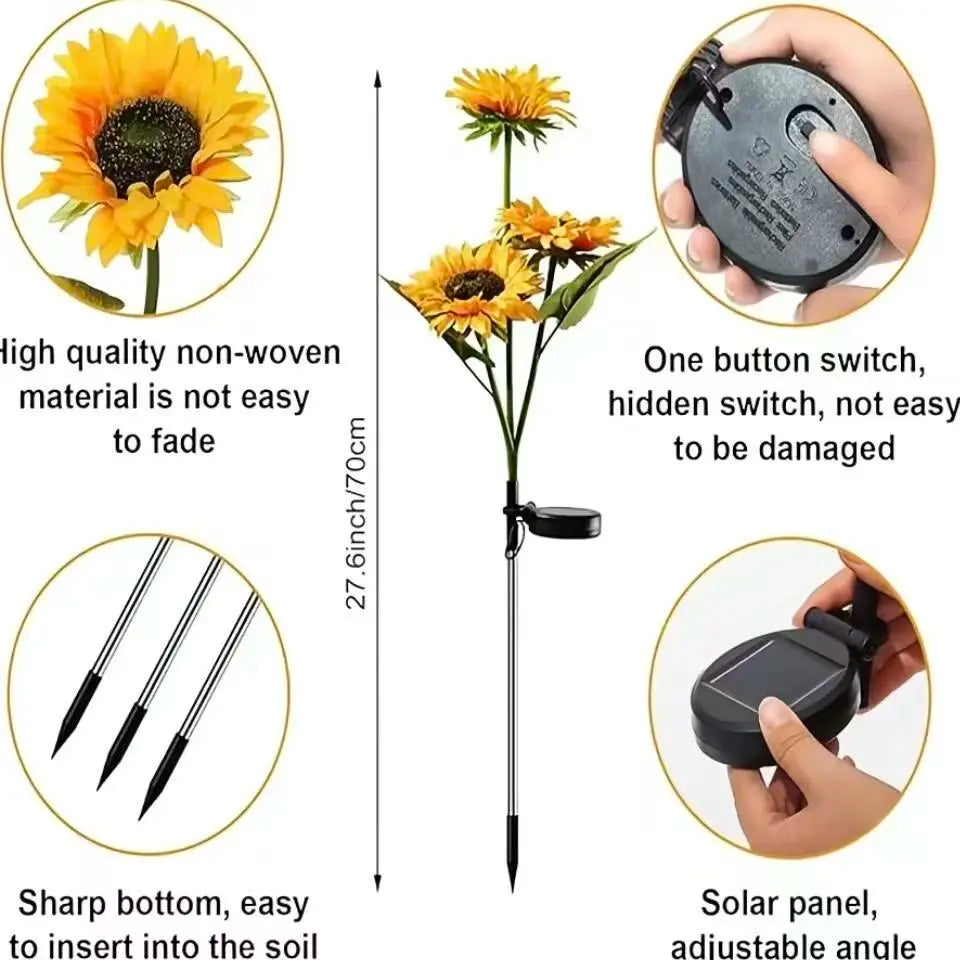 Solar Powered LED Sunflower Garden Lights - Set of 2/4/6 Pieces, Realistic Outdoor Illumination for Yard, Lawn, Patio, and Porch, IP65 Waterproof, Energy Efficient, Durable Plastic with All-Weather Protection