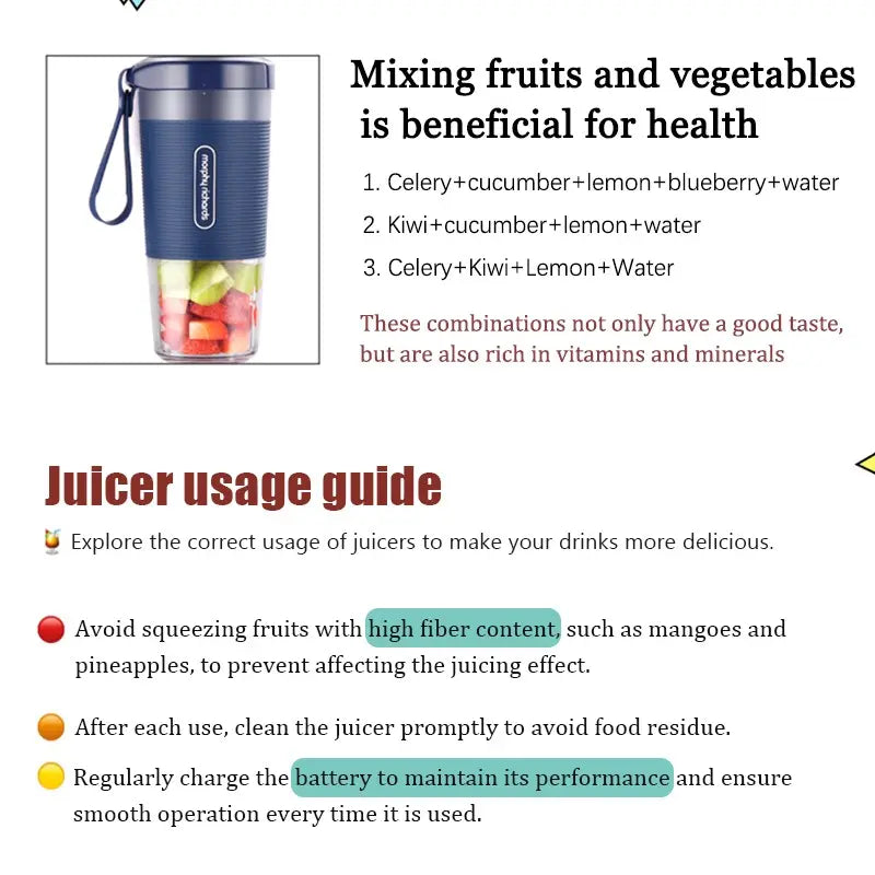 USB Rechargeable Portable Blender and Juicer for Smoothies, Fruits, and Vegetables – Ideal for Home and Outdoor Use
