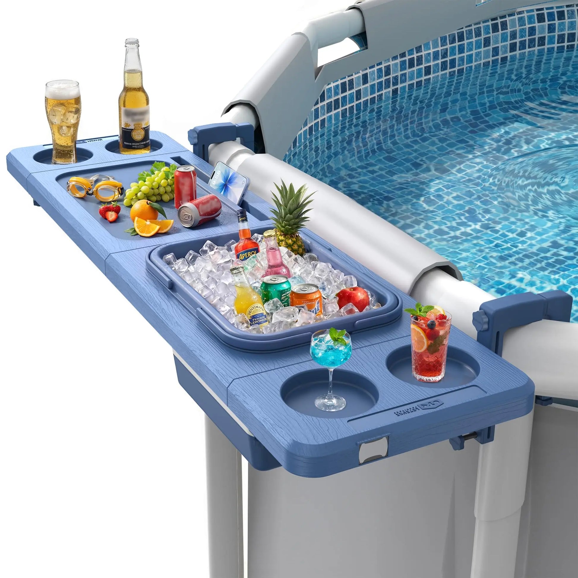 Professional Poolside Bar with Ice Bucket - Adjustable Support Bracket for Above-Ground Pools, Swim-Up Bars up to 110 lbs, Smart Folding Design, and Weather-Resistant Stable Tabletop