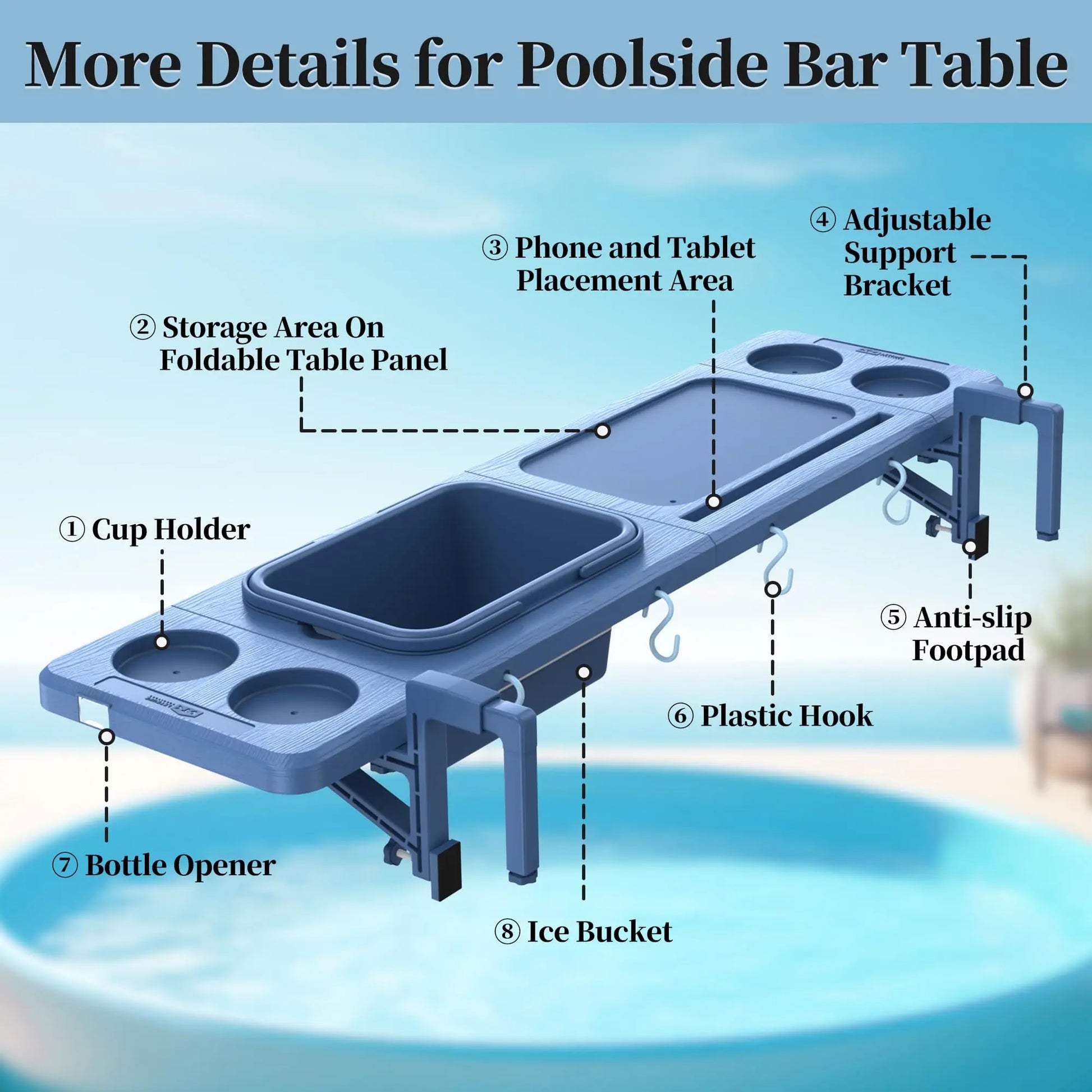 Professional Poolside Bar with Ice Bucket - Adjustable Support Bracket for Above-Ground Pools, Swim-Up Bars up to 110 lbs, Smart Folding Design, and Weather-Resistant Stable Tabletop