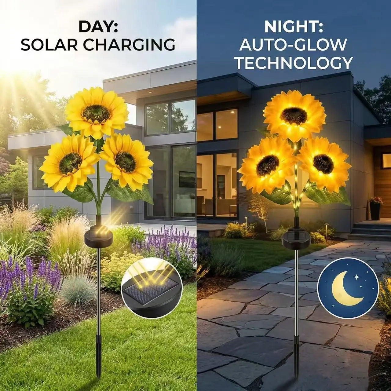 Solar Powered LED Sunflower Garden Lights - Set of 2/4/6 Pieces, Realistic Outdoor Illumination for Yard, Lawn, Patio, and Porch, IP65 Waterproof, Energy Efficient, Durable Plastic with All-Weather Protection