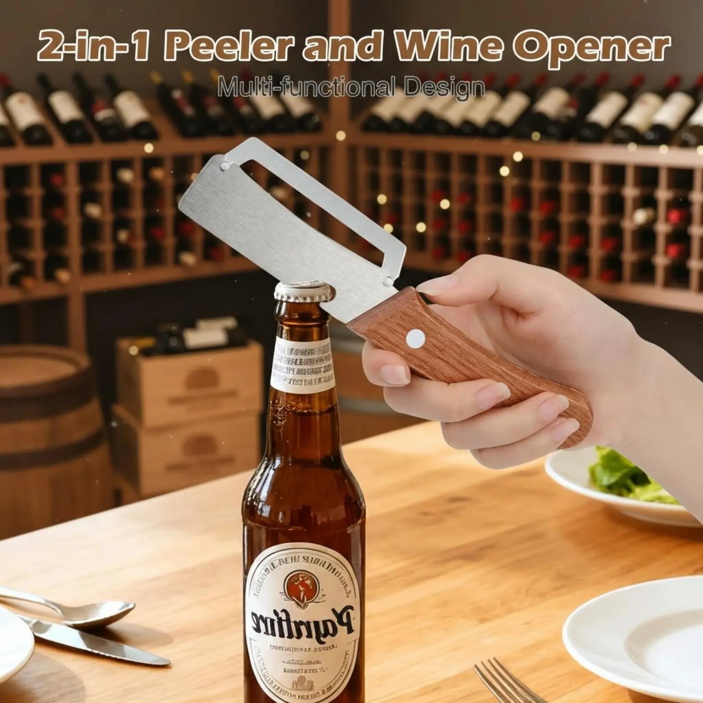 Premium Fruit and Vegetable Peeler with Sharp Stainless Steel Blade, Ergonomic Wooden Handle, and Integrated Bottle Opener – Perfect for Everyday Kitchen Use