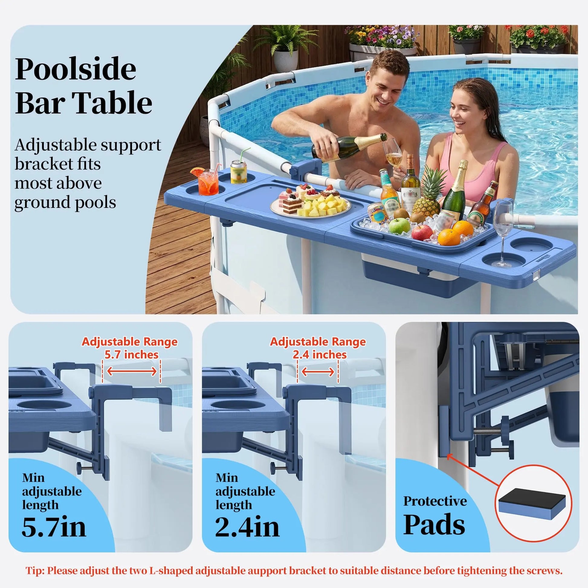 Professional Poolside Bar with Ice Bucket - Adjustable Support Bracket for Above-Ground Pools, Swim-Up Bars up to 110 lbs, Smart Folding Design, and Weather-Resistant Stable Tabletop