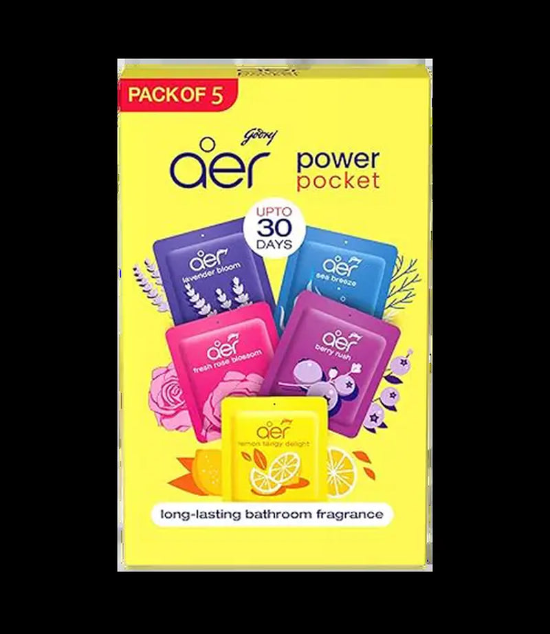 Godrej Aer Power Pocket Hanging Air Freshener, Assorted Pack of 5, Scented Variety [Lemon, Rose, Fresh, Berry, Lavender]