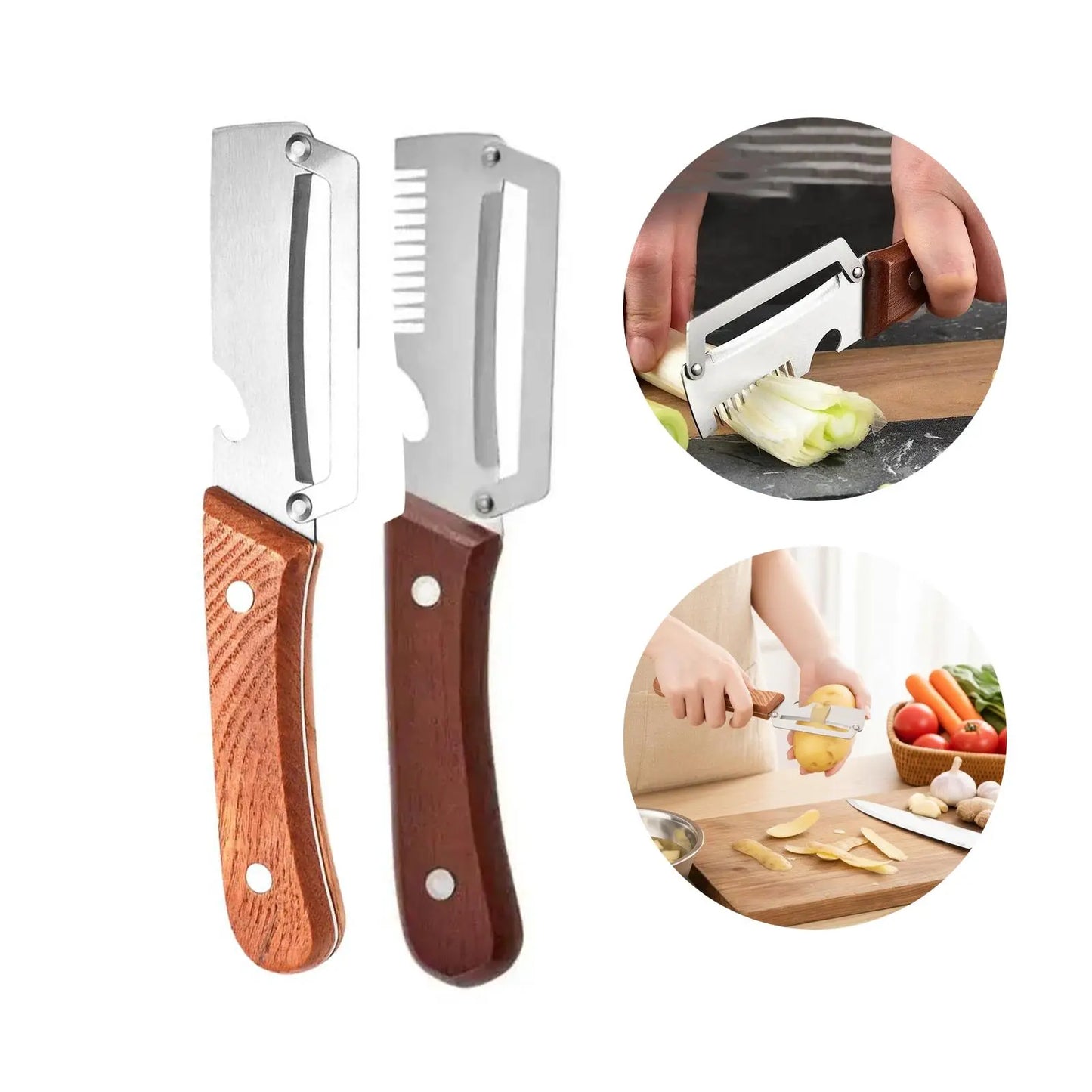 Premium Fruit and Vegetable Peeler with Sharp Stainless Steel Blade, Ergonomic Wooden Handle, and Integrated Bottle Opener – Perfect for Everyday Kitchen Use