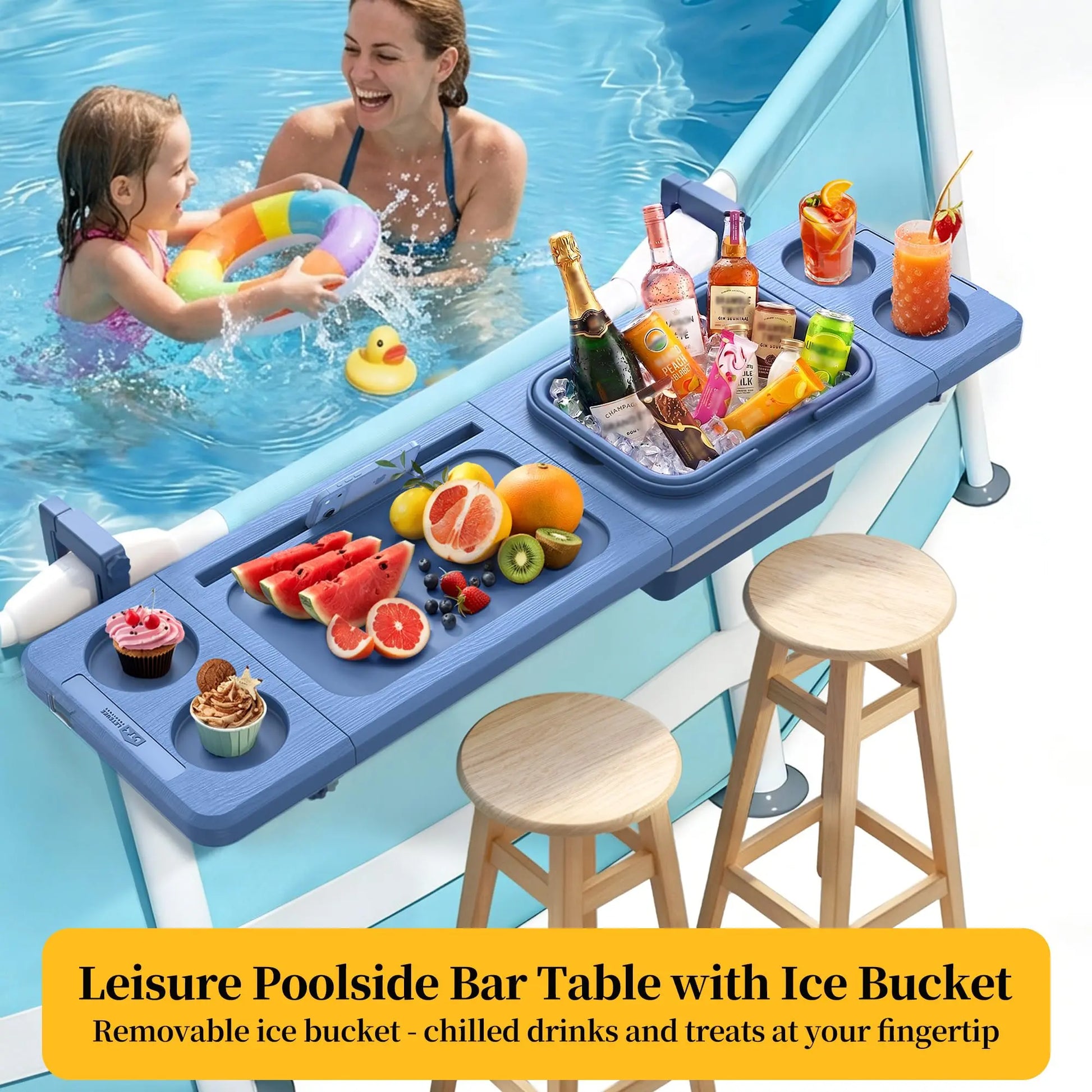 Professional Poolside Bar with Ice Bucket - Adjustable Support Bracket for Above-Ground Pools, Swim-Up Bars up to 110 lbs, Smart Folding Design, and Weather-Resistant Stable Tabletop