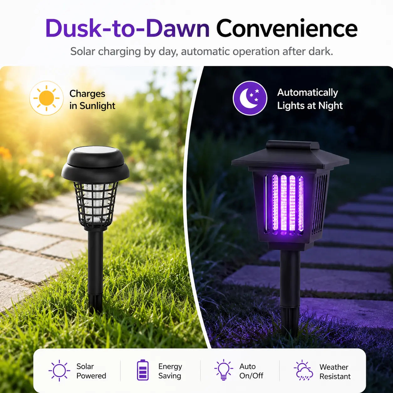 Solar-Powered Mosquito Zapper Light – Outdoor Garden Stake Lamp with UV Insect Control, Dual-Mode Functionality (Mosquito Repellent & Pathway Illumination), Weather-Resistant Design, Easy Installation, Available in Small & Large Round and Square Options