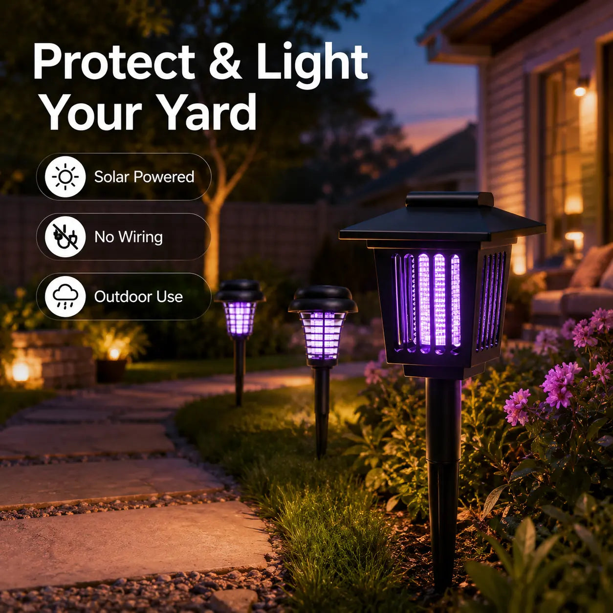 Solar-Powered Mosquito Zapper Light – Outdoor Garden Stake Lamp with UV Insect Control, Dual-Mode Functionality (Mosquito Repellent & Pathway Illumination), Weather-Resistant Design, Easy Installation, Available in Small & Large Round and Square Options