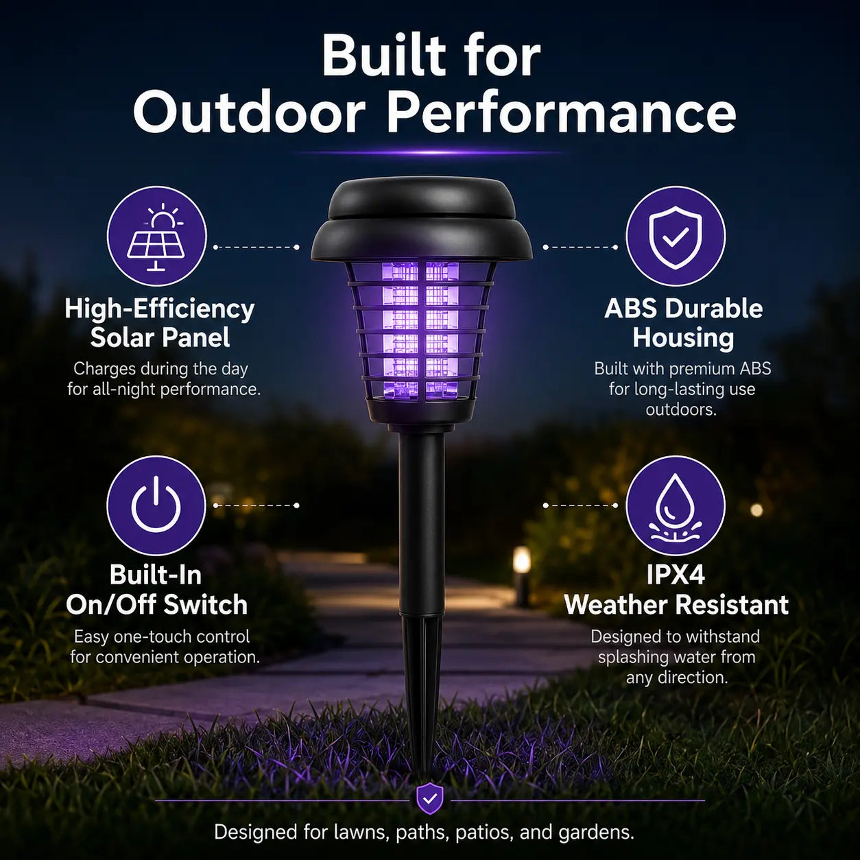 Solar-Powered Mosquito Zapper Light – Outdoor Garden Stake Lamp with UV Insect Control, Dual-Mode Functionality (Mosquito Repellent & Pathway Illumination), Weather-Resistant Design, Easy Installation, Available in Small & Large Round and Square Options