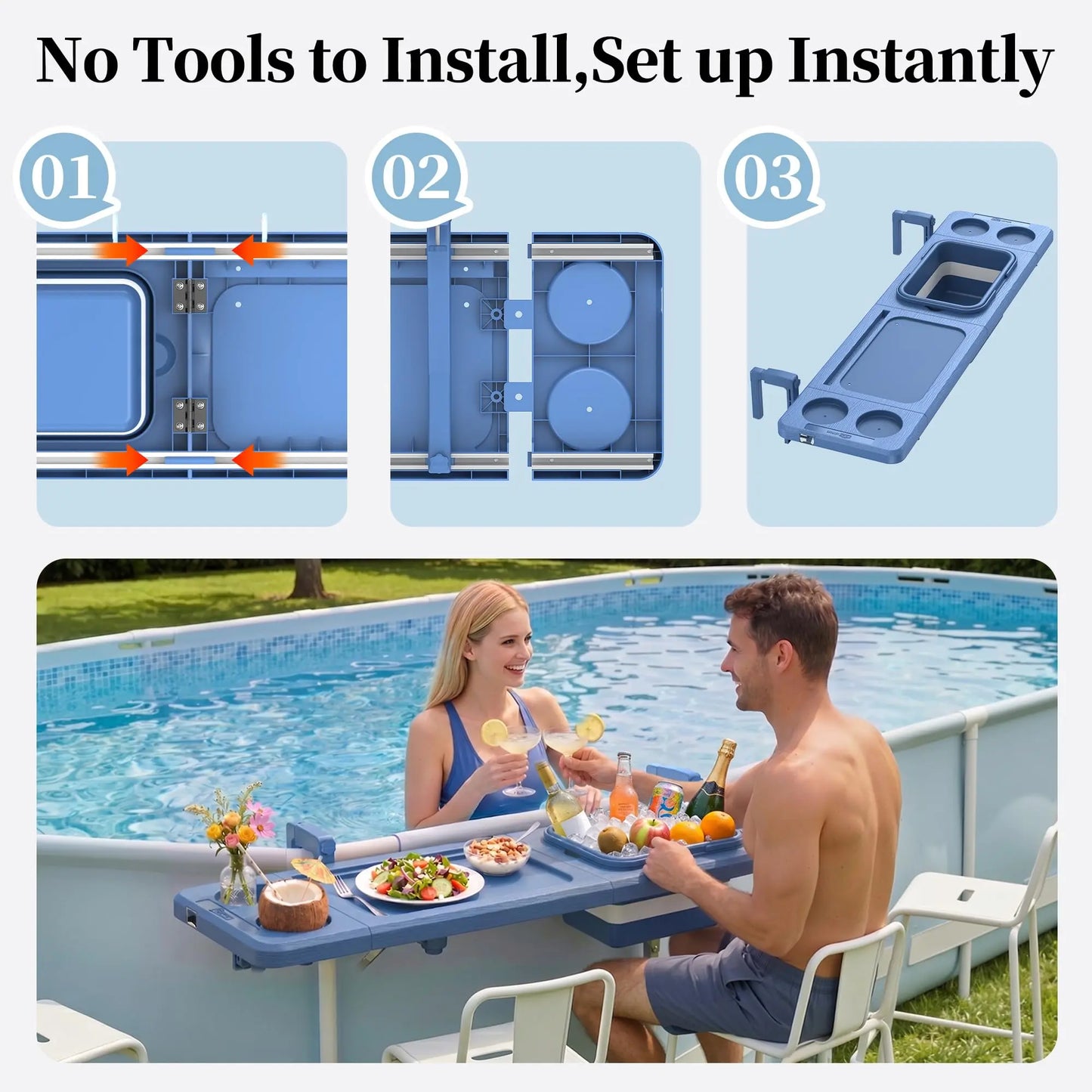 Professional Poolside Bar with Ice Bucket - Adjustable Support Bracket for Above-Ground Pools, Swim-Up Bars up to 110 lbs, Smart Folding Design, and Weather-Resistant Stable Tabletop